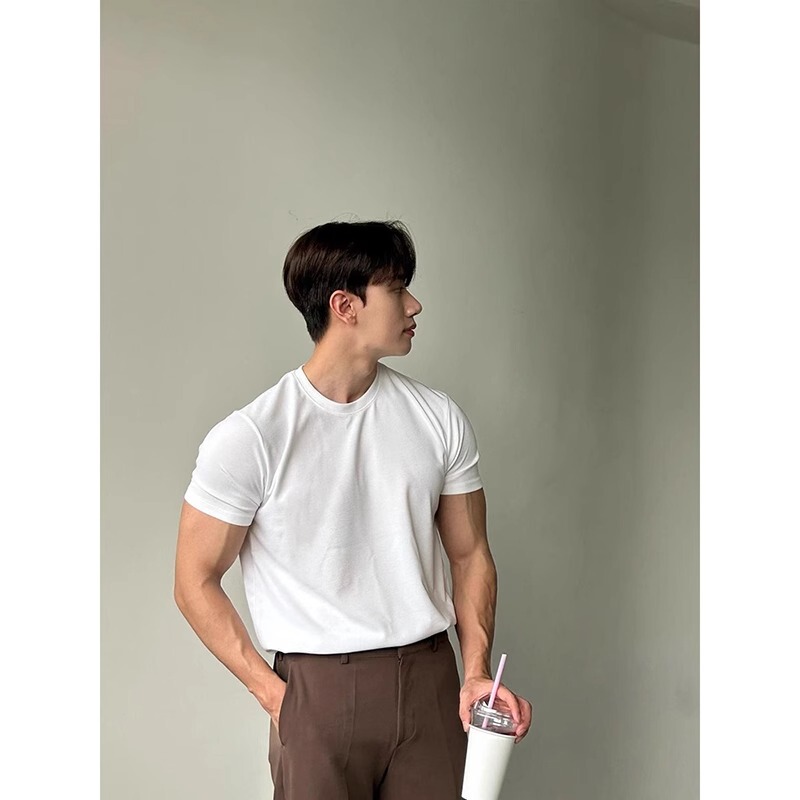 White 230g Pure Cotton Cuff-Tightening T-Shirt for Men, Heavyweight Cleanfit, Muscle-Enhancing, Short-Sleeved, Small Neckline, Half-Sleeve White 230g Pure Cotton Cuff-Tightening T-Shirt for Men, Heavyweight Cleanfit, Muscle-Enhancing, Short-Sleeved, Small Neckline, Half-Sleeve