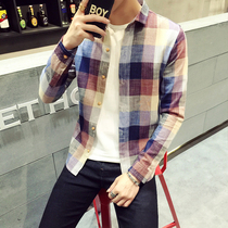 2022 Summer slim fit grid Korean version shirt tide man long sleeve shirt trends ins sashimi and a small collar casual inch