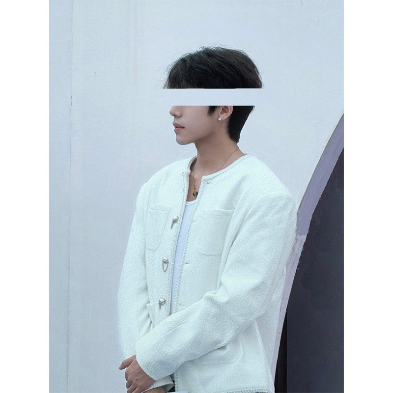 Pang Bowen's Same Style White Chanel-Inspired Jacket for Men, Trendy Brand, High-End Feel, Spring and Autumn Design, Niche Collarless Jacket