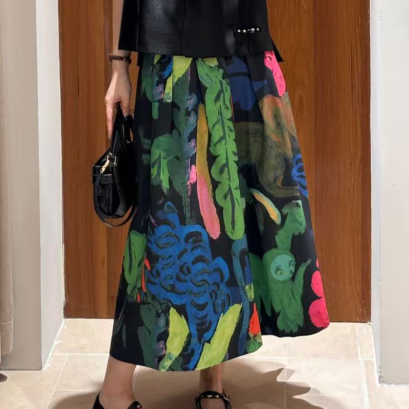 French-Style Color-Blocking Graffiti Slimming Drapey Versatile A-Line Printed Skirt for Women 535-5090-1