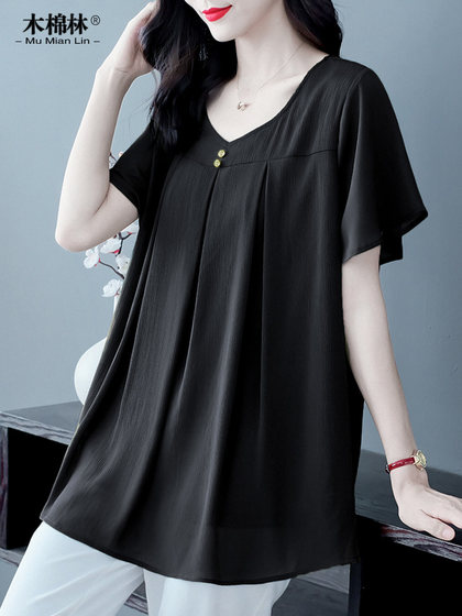宽松复古气质大码女装雪纺衬衫2025夏季女装胖mm温柔遮肚显瘦上衣