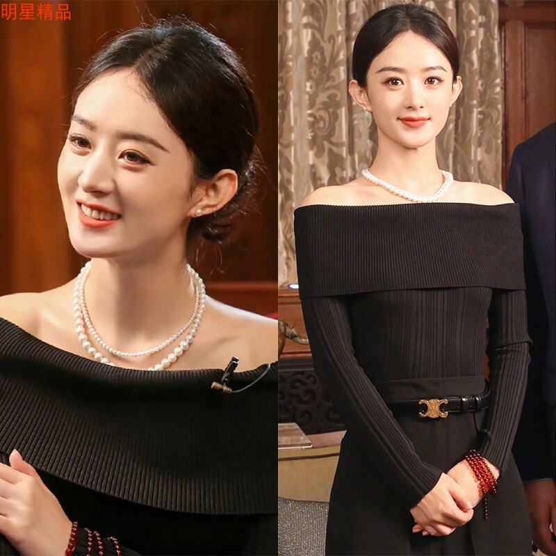 European Station 2026 Autumn/Winter New Zhao Liying Celebrity Style Black Off-Shoulder Slim Fit Knitted Short Sweater