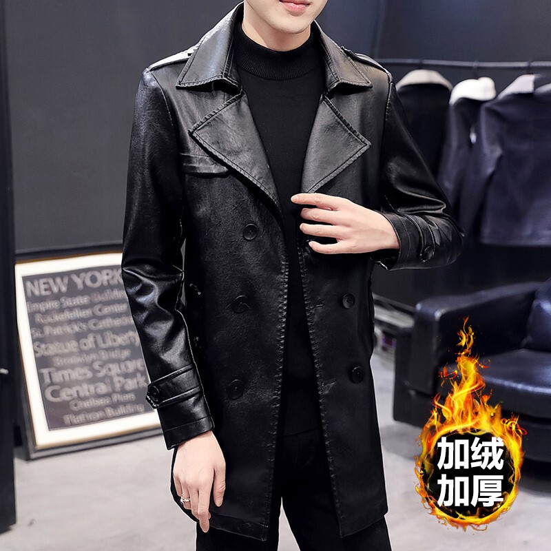 Men's Leather Jacket, Mid-Length, Youth Korean Style Trendy Trench Coat, Fleece-Lined and Thickened, Double-Breasted Lapel Leather Coat for Men