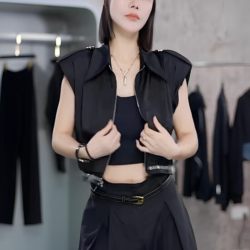 Retro Design Black Workwear Zipper Vest Jacket for Women Summer New Style Slimming Short Sleeveless Top