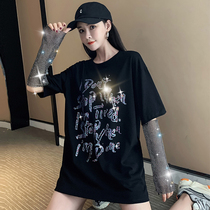 Large size short sleeve loose 2021 summer new sequin letter Black long Tide brand T-shirt