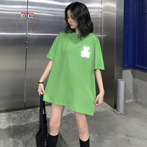 Large size long avocado green short sleeve T-shirt female cotton loose 2021 summer new net red Super Fire ins tide
