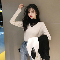 Large size semi-high collar base shirt Women autumn and winter European station foreign-style tight knit lace stitching inner top tide