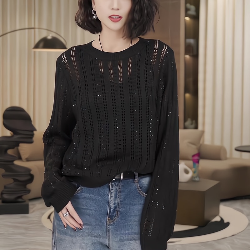 Fashionable Black Sequin Hollow-Out Long-Sleeve Knit Top for Women, 2025 Autumn New Style, Loose and Slimming, Stylish Blouse Top