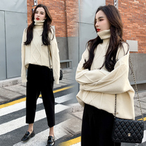Sweater Womens Autumn and Winter Wear Loose Long Harajuku Knitting Women Lazy Wind High Collar Thickened Twist base shirt