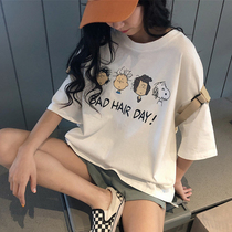 Large size white short sleeve t-shirt women loose 2021 summer Net red cartoon hipster long half sleeve top