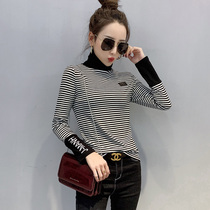 Autumn and winter with velvet pile high collar 2020 new foreign style stripes tight European long sleeve