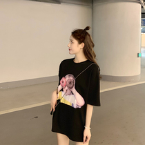 Large size 2020 new short sleeve T-shirt female summer ins trend line loose net red with cotton cotton long half sleeve