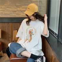 Large size Hong Kong wind cotton printing lazy short sleeve T-shirt female 2021 New loose long Net red coat tide