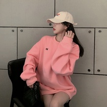 Sweater women 2020 new autumn and winter plus velvet padded round neck pink top loose lazy wind jacket