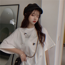 Large size white short sleeve T-shirt female Korean version of loose long line ins tide Net red super fire student cotton half sleeve summer dress