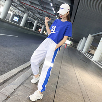 Large size sports style suit female Korean version of fat mm thin Joker loose high age reduction leisure two-piece summer tide