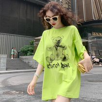 Large size missing short sleeve T-shirt female long loose new summer avocado green big version Net red coat