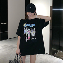 Large size summer long short sleeve t-shirt women Net red ins Super fire cartoon loose design sense niche coat tide