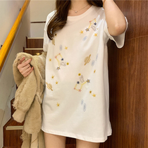 Net red short sleeve t-shirt women Summer 2020 new heavy industry embroidery European loose ins tide half sleeve long top