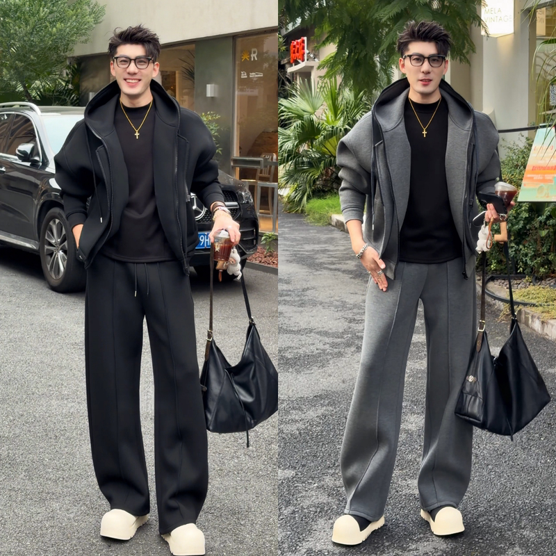 Korean Style High-End Autumn Two-Piece Men's Sports Silhouette Suit, Autumn and Winter Fashion Trendy Hooded Jacket and Long Pants