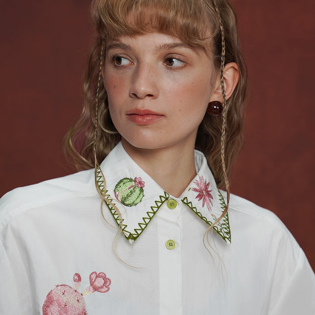 Kamo Original Design Niche Retro Shirt Heavy Embroidery Long Sleeve Women's 2025 Cuban Collar Loose Top