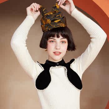 Kamo Original Design Beaded Pearl Vintage Exquisite Quirky Velvet Top Fake Collar Niche Decorative Neckline