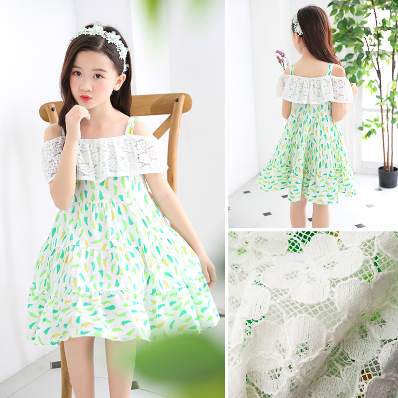 Girls dress 2019 new summer fashion foreign word shoulder beach skirt large children\u0027s dress skirt