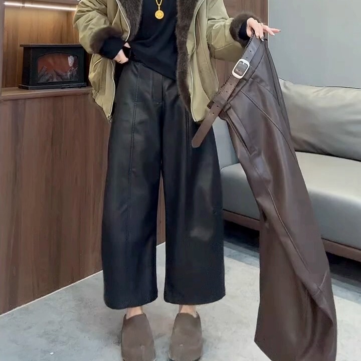 European-Style Fleece-Lined Faux Leather Pants, Scimitar Pants, 2026 Autumn and Winter New High-Waisted Black Stretchy Loose Wide-Leg Pu Leather Pants