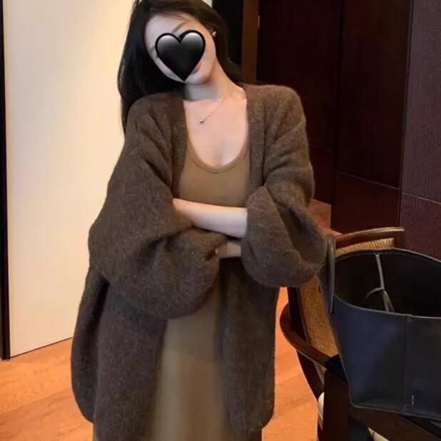 Meilade Retro Brown Mid-Length Sweater for Women, Lazy Style, High-End Feel, Loose Knit Cardigan with Puff Sleeves