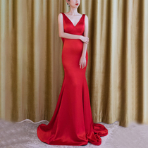 Bride toast 2021 New Wedding Sexy Backless Tail Slim Red Dinner Host Dress Dress Summer