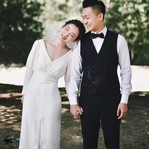 White evening dress deep V collar 2021 New banquet ball temperament little dress retro light wedding engagement dress