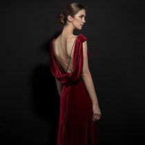 Backless Velvet Evening Dress Women 2021 New Sexy V Collar Banquet Red Bride Wedding Toast