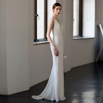 Sexy Deep V Fish Tail Evening Women 2021 New Simple White Slim Long Party Dress Party Dress Banquet Spring