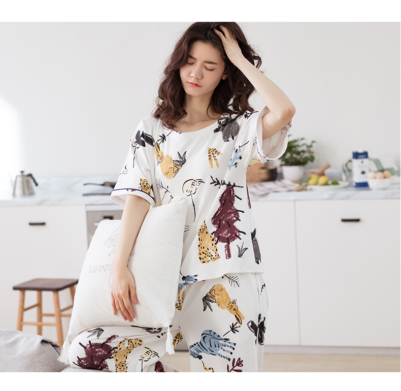 Jing Yun nữ đồ ngủ mùa hè lỏng đơn giản dịch vụ nhà cotton giản dị ngắn tay phù hợp với thời trang quần áo cotton nhà đồ bộ ngủ