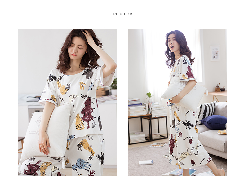 Jing Yun nữ đồ ngủ mùa hè lỏng đơn giản dịch vụ nhà cotton giản dị ngắn tay phù hợp với thời trang quần áo cotton nhà đồ bộ ngủ