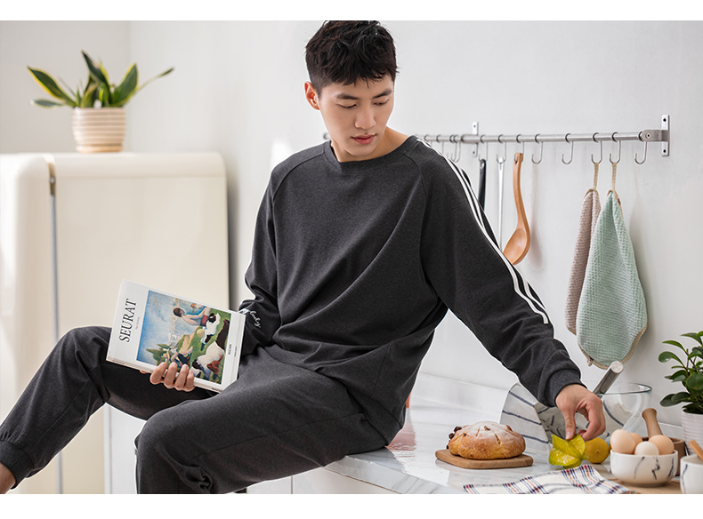 Jing Yun nam đồ ngủ mùa thu thể thao nhà bình thường quần áo cotton lỏng phù hợp với tay áo dài có thể được mặc bên ngoài nhà quần áo nam kiểu đồ bộ vải thun bông