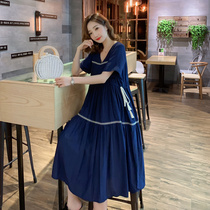 Pregnant woman summer dress dress dress 2022 Fashion new big code relaxed ocean gas Aging Nation Wind Over Knee Snowspun Long Dress
