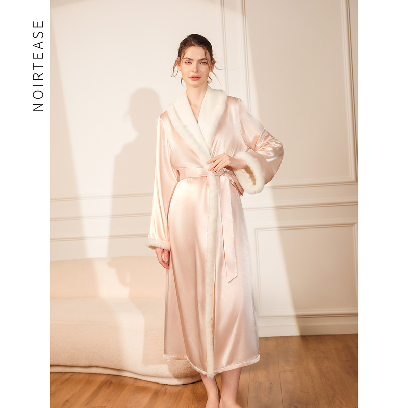 Noirtease Autumn and Winter Fleece-Lined Thickened Pajamas and Robes for Women, Winter Silk Plush Bathrobes, Light Luxury Loungewear