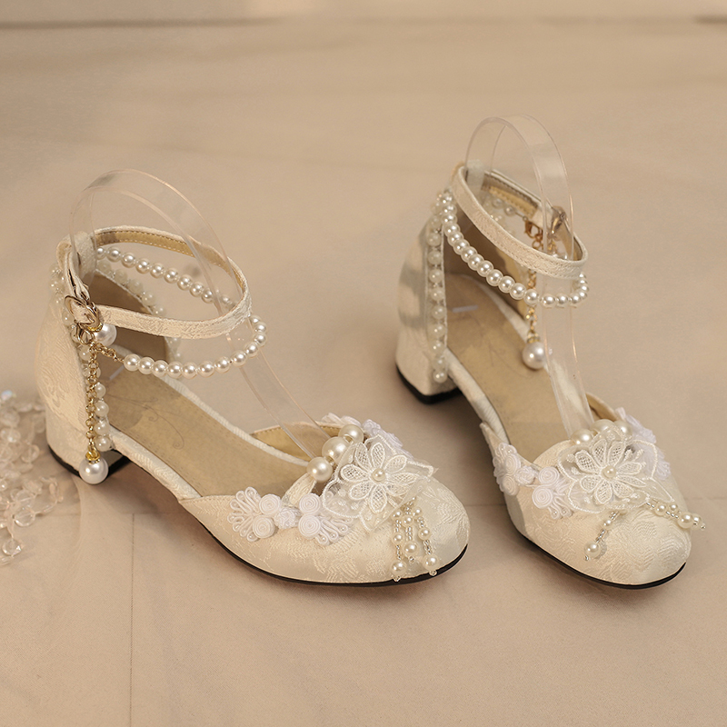 Little Girl's New Chinese-Style Retro Children's High-Heeled Shoes, Closed-Toe Sandals, Girls' Cheongsam Shoes, Hanfu Ancient-Style Mary Jane Shoes