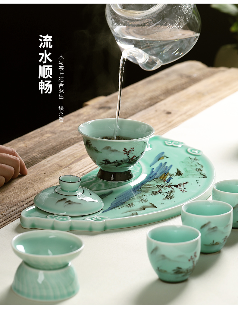 Mud seal hand - made celadon ceramics kung fu tea set with tea tray was home six people landscape feel plate