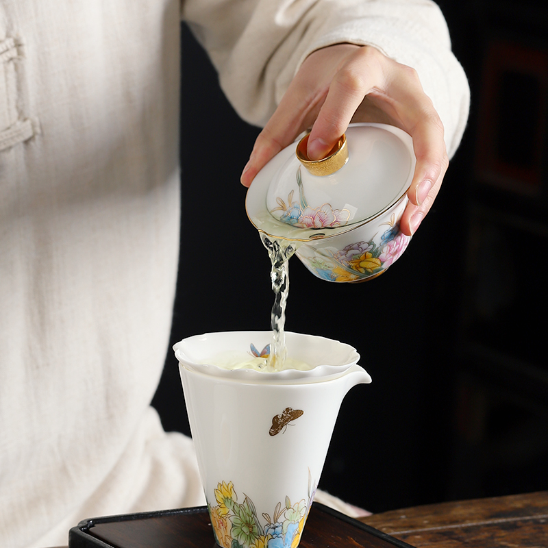 Mud printed language welcome white porcelain tea set the whole household tureen suet jade porcelain hand - made kung fu tea gift box