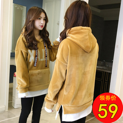 绒面卫衣女加绒加厚冬宽松假两件金丝绒上衣韩