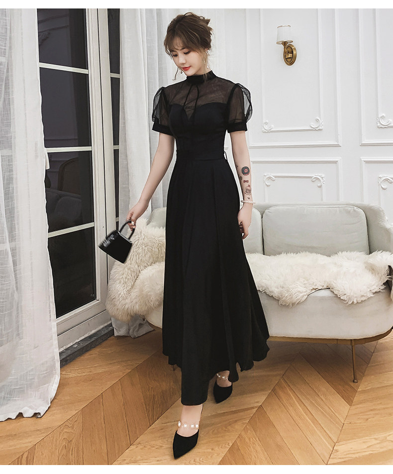 オケージョン ドレス シアー切替ハイネック半袖ロング丈ワンピース