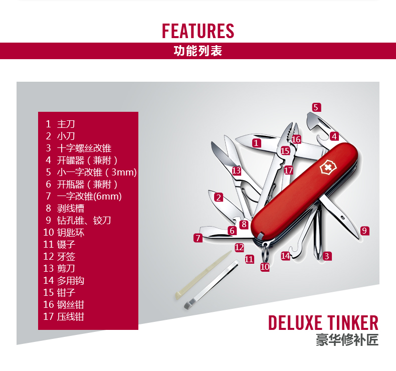 Victorinox Swiss Army Knife Deluxe Tinker 91mm Trung sĩ Dao ngoài trời cầm tay đa năng Công cụ cầm tay gấp dao dao găm đi rừng