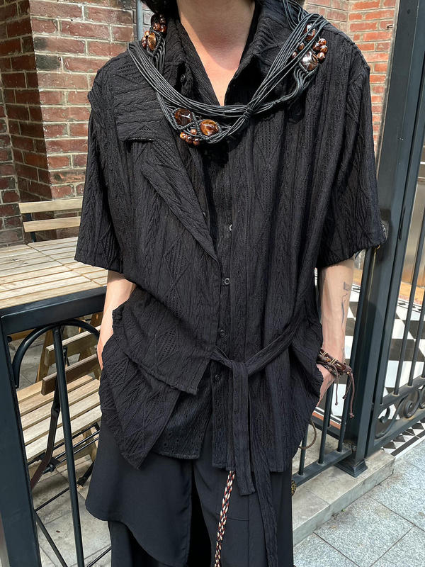 Summer Retro Niche Jacquard Hollow Texture New Chinese Style Patchwork Tie Design Short-Sleeved Shirt