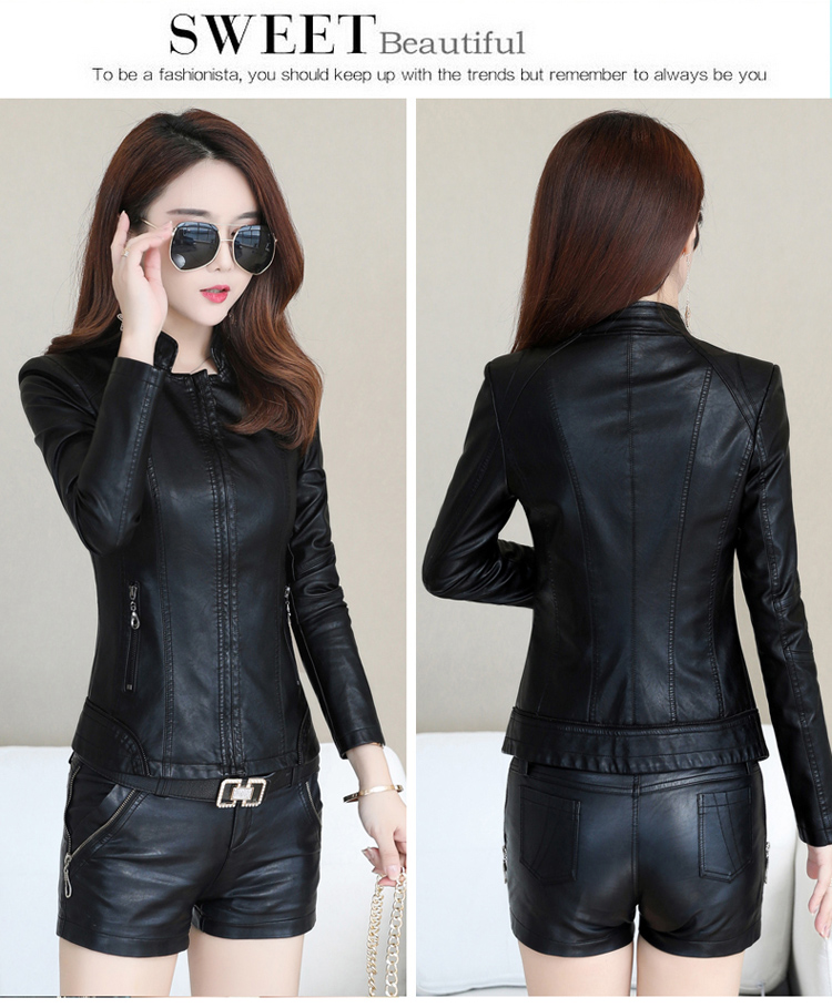 Mùa xuân và mùa thu 2018 Áo khoác da nữ mới ngắn Slim Thin Hàn Quốc Kích thước lớn Nữ đứng cổ áo khoác da áo da