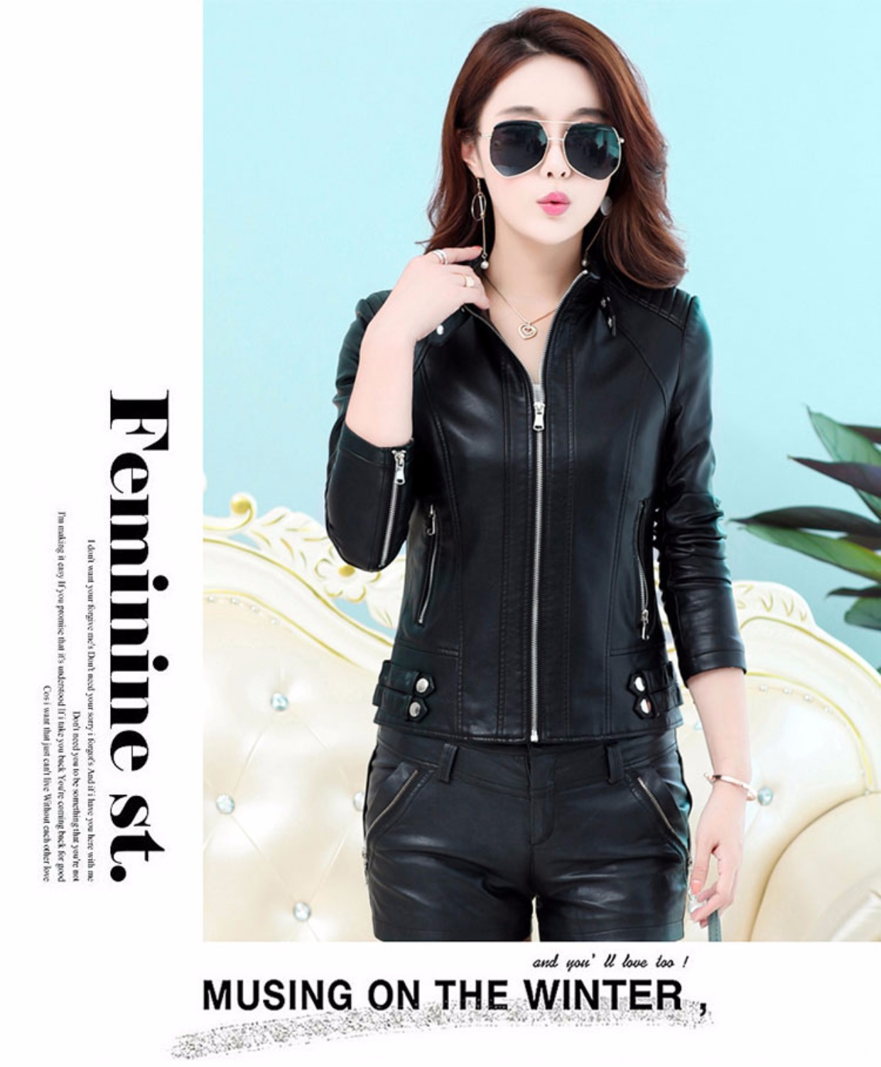 Thu đông 2018 mới Hained leather nữ ngắn Phần phiên bản Hàn Quốc của cổ áo đứng tự canh là áo khoác da nữ mỏng ao da cao cap