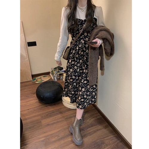 Демисезонный дизайнерский комплект, трикотажное платье, длинная длинная юбка, тренд сезона, в цветочек, по фигуре, А-силуэт