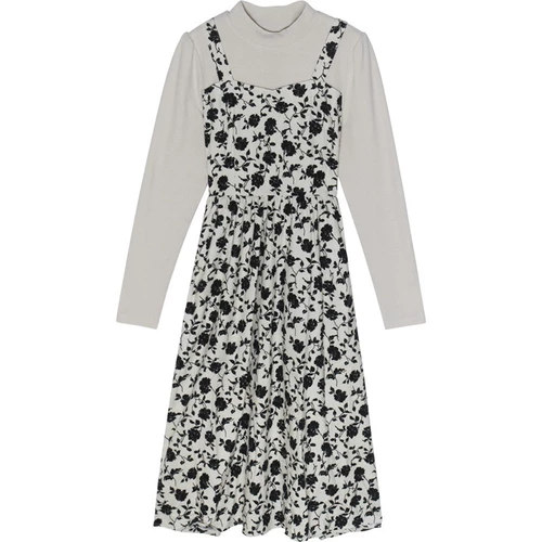 Демисезонный дизайнерский комплект, трикотажное платье, длинная длинная юбка, тренд сезона, в цветочек, по фигуре, А-силуэт