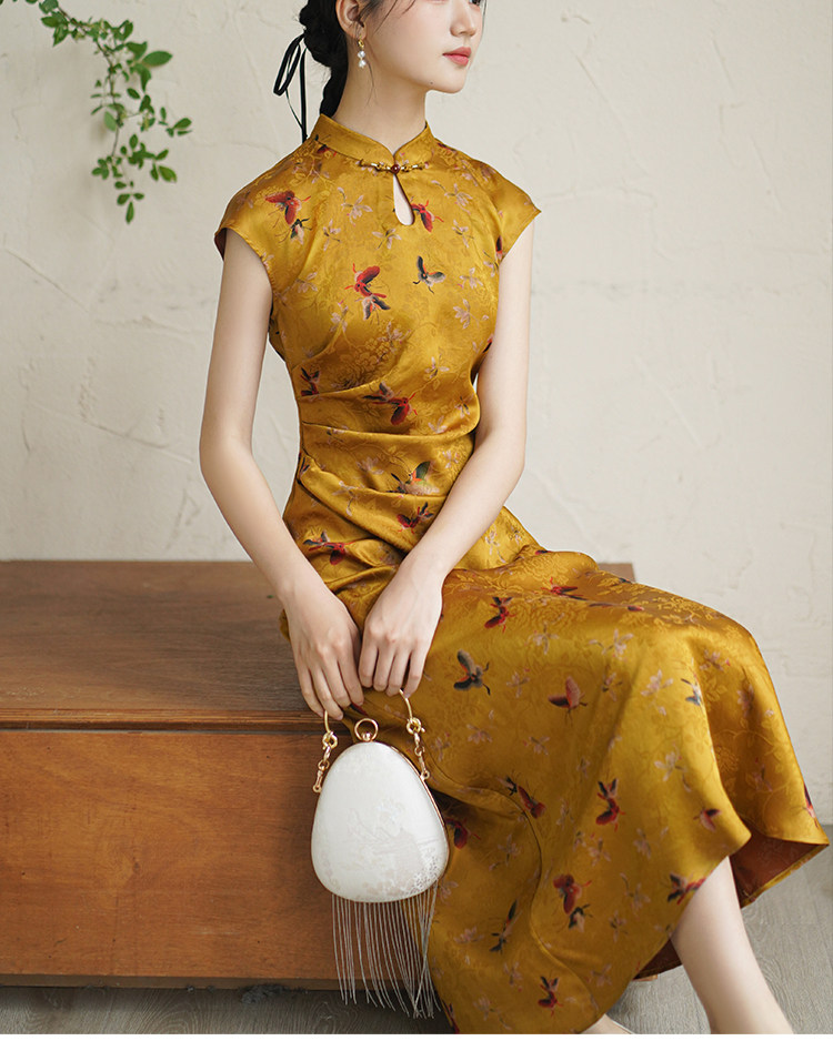 蝶躍金 新チャイニーズレトロチャイナ風 香雲紗シルクチャイナドレス